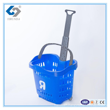 55L Rolling Plastic Shopping Basket with Telescopic Handles for Wholesale